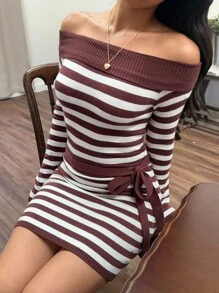 SHEIN EZwear Damen gestreiftes Off-Shoulder langärmliges figurbetontes Strickkleid, Herbst-Winter-Kleidung für Frauen - Braun - Übersicht 4