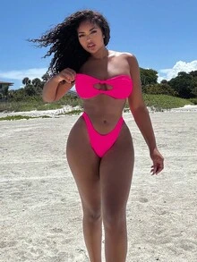 Alexandranx Summer Beach Solid Bikini Set Knot Decor Bandeau Top & High Cut Bottom 2 Piece Bathing Suit - Hot Pink - View 6
