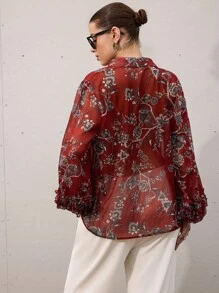 Aveloria Modichic Plus Size Chiffon Floral Print Puff Sleeve Ruffle Hem Long Sleeve Blouse Fall Cloth For Women - Multicolor - View 2