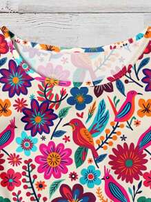 EMERY ROSE Plus Size Women's Daily Casual Elegant Retro Holiday Style Tropical Floral Retro Pattern Round Neck Double Layer Cap Sleeve Loose Shirt, Women's Summer Clothing, Women's Vacation Clothing, Women's Summer Clothing, Women's Going Out Tops,Flower/Spring - Multicolor - View 6