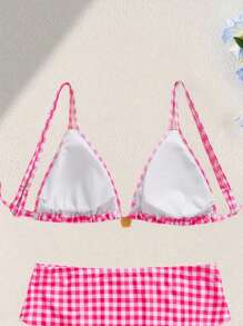 Swim Mod 大码女式泳装比基尼上衣，带有可爱的随机印花、白色和粉色格子、可调节肩带、花卉装饰、度假夏日海滩 - 粉色 - 查看 2