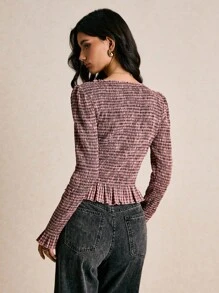 Poéselle 女式格子圆领喇叭袖套头衫 - 鏽棕色 - 查看 2