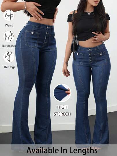 SHEIN PETITE CURVE Plus Size Women Button Front Pocket Flare Leg Casual Denim Summer Fall Autumn Back To School Homecoming Cute 2000s Style Kawaii Y2k Airport Modest Old Money Tulum Teacher Teacher Vintage Blue Jeans Flare Jeans Flared Jeans,Fall
