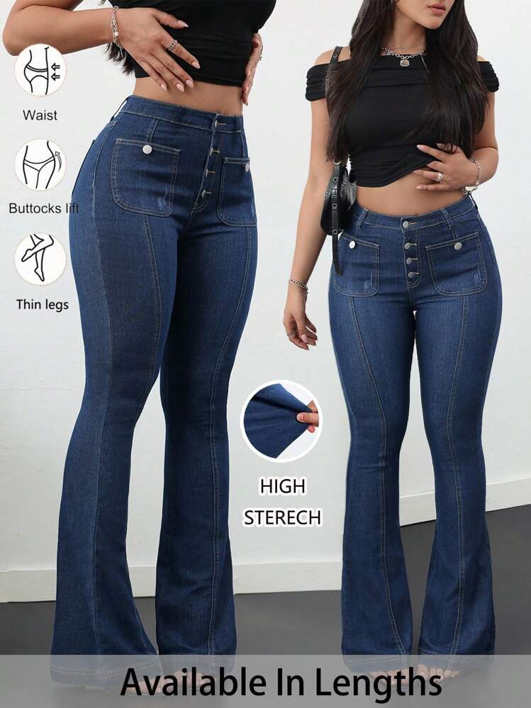 SHEIN PETITE CURVE Plus Size Women Button Front Pocket Flare Leg Casual Denim Summer Fall Autumn Back To School Homecoming Cute 2000s Style Kawaii Y2k Airport Modest Old Money Tulum Teacher Teacher Vintage Blue Jeans Flare Jeans Flared Jeans,Fall - Blue - View 1