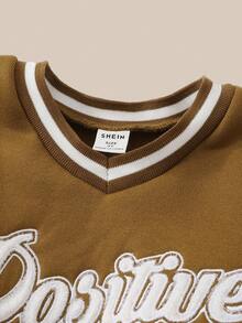 2pcs Young Girl College-Style Fleece Embroidered Letter Graphic Small V-Neck Hoodie And Sweatpants Set,Autumn/Winter.2025 Back-To-School Season Kids College Outfits And Campus Sportswear Fall - Brown - View 3