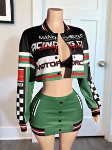 Slaydiva New Summer And Early Autumn Casual Street Motorcycle Style Daily Dating Retro Party Baseball Collar Drop Shoulder Long Sleeve Loose Cropped Jacket Top + Hip Mini Skirt Black And White Plaid Print Slogan Logo23 Digital Print Dark Green Sweater Suit Women's Two Pieces Suit-A - Multicolor - View 4