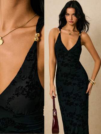 Poéselle Women Floral Pattern Deep V-Neck Sexy Fitted Long Dress,Dresses For Women Elegant,Casual Dresses For Woman,Vintage,Black Formal Dress Women,Classy Outfits For Women,Old Money Dress,Fall Women Clothes