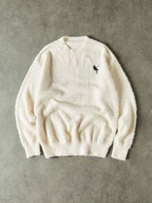 Manfinity CasualKnits 男士休闲落肩毛绒针织毛衣休闲毛绒毛衣返校季，秋冬 - 白色 - 查看 1