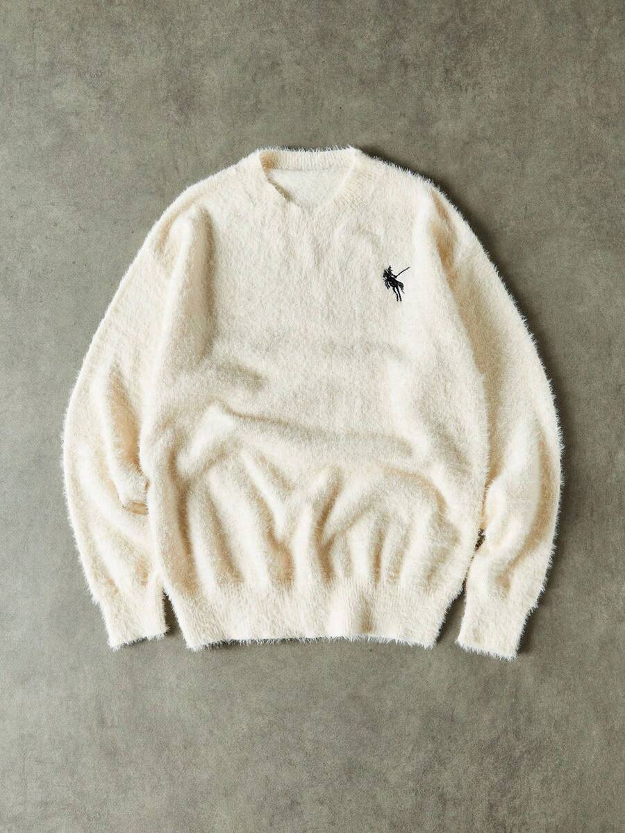 Manfinity CasualKnits 男士休闲落肩毛绒针织毛衣休闲毛绒毛衣返校季，秋冬 - 白色 - 查看 1