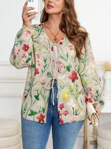 SHEIN Clasi 大码女式3D立体花朵图案前系带蝴蝶结长袖宽松针织开衫，秋冬款 - 杏色 - 查看 12