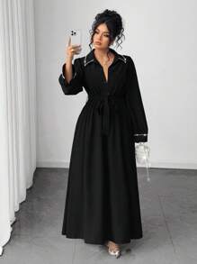 Elenzga Plus Size Elegant Commuter Long Dress With Pearl Decor Fall Cloth For Women - Black - View 1