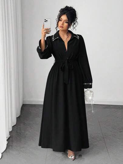 Elenzga 大码优雅通勤长裙，珍珠装饰