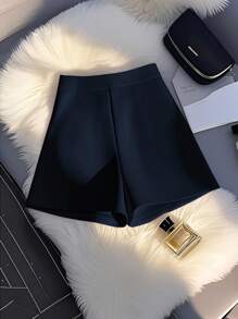 SHEIN Clasi 女士时尚优雅简约装饰纽扣 A 字型实用口袋百搭纯色短裤，春夏 - 藏蓝色 - 查看 2