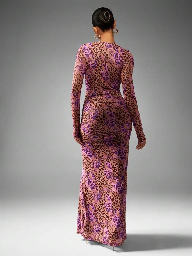 pink leopard print wrap dress $217 Aqua Women Beige Pink Leopard-Print Long-Sleeve V-Neck Belted Wrap  Dress L