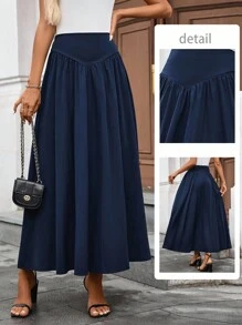 Chiquease Saia Longa Elegante Cintura Alta Modelo A-Line, Design de Saia Bufante para Mulheres, Novo Lançamento de Verão - Azul Marinho - Visão 7