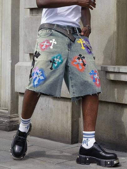Street Life Men's Cross Print Rhinestone Embellished Denim Shorts