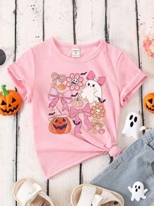 万圣节幼儿女童休闲时尚创意卡通可爱南瓜、蝴蝶结、花朵、鬼魂、妖精图案印花短袖 T 恤，节日主题休闲 T 恤 - 粉色 - 查看 4