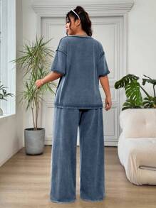 SHEIN EZwear Bộ 2 món Áo thun xanh thường ngày và quần dài, size lớn cho nữ - Màu xanh lam - Xem 2