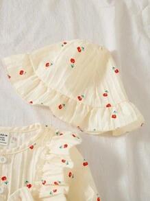 SHEIN 2件套女婴春/秋季樱花印花休闲时尚可爱连体衣+帽子套装 - 杏色 - 查看 3