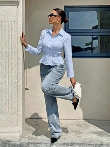 Siren Gaze 通勤休闲条纹衬衫 秋季女装 返校季 商务休闲女装 办公室女装 教师装 外出上衣 女式纽扣衬衫 冬季女装 - 藍白色 - 查看 7