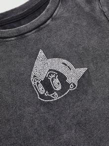 Astro Boy X ROMWE Back To School Women Rhinestone Decor Cartoon Figure Graphic Short Sleeve T-Shirt - Black - View 2