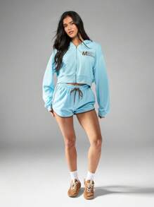 MISSGUIDED Áo hoodie ngắn tay có khóa kéo MGathletics mặc ở nhà ấm áp mùa đông thiết yếu phong cách đường phố cổ điển nhẹ nhàng thoải mái thường ngày lấy cảm hứng từ thời trang mùa thu xuân - Màu xanh lam - Xem 4