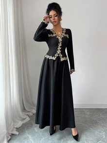 Elenzga 2-Piece Set For Women: V-Neck Long Sleeve Blouse With Contrast Ruffle Trim, Slim Fit; And Maxi Skirt, Elegant European Style, Suitable For Parties, Outings, Work, Music Festivals And More Occasions, Spring/Autumn Fall Cloth For Women - Black - View 5