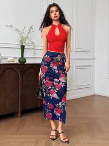 EastFlair 女式无袖镂空修身短款上衣和开衩下摆迷你裙两件套