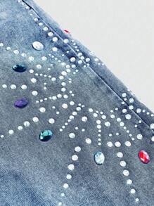 ROMWE MEN Street Life Quần short denim đính đá pha lê cho nam - Rửa nhẹ - Xem 2