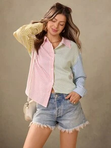 Wildy Fall Country Chic Women Clothes Pink Butter Yellow Blue Blouse Women's Casual Button Up Shirt Women Stripe Blouse Everyday Contrast Striped Zip-Up Long Sleeve Shirt Preppy Tops Business Casual Striped Blouse  Western Wear Women Stripe Shirt Back To School Fashion Christmas Clothes Button Down Blouses For Women - Pink - View 2