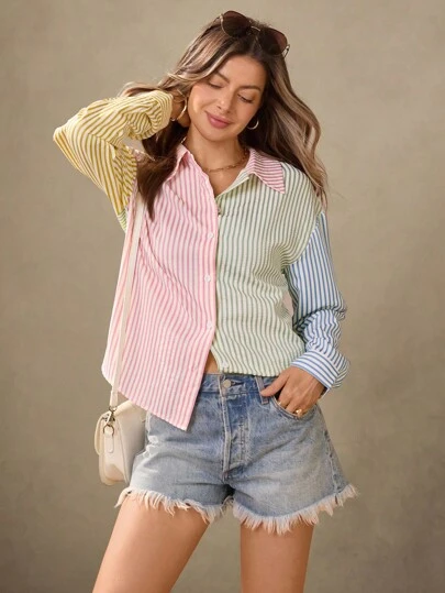 Wildy Blusa de mujer estilo boho, campestre y elegante en colores rosa, amarillo mantequilla y azul. Blusa casual de mujer con botones, blusa de mujer a rayas, blusa de manga larga con cremallera y contraste de rayas, blusas de estilo preppy y casual para negocios. Blusa a rayas de estilo occidental para mujer. Ropa de vuelta al colegio y navideña. Blusas con botones para mujer.