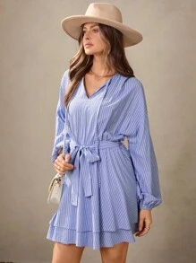 Wildy 秋季女装波西米亚风女装冬季连衣裙西装女装蓝色条纹连衣裙女式休闲通勤条纹长袖迷你连衣裙长袖连衣裙系带前裙灯笼袖连衣裙商务休闲连衣裙前系带连衣裙分层连衣裙女士教师服装，外出服装别致的秋季浪漫感觉 - 藍白色 - 查看 5