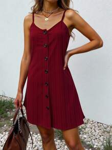 SHEIN LUNE Của phụ nữ Nút Trang trí Dải mỏng Váy dây treo - Đỏ - Xem 5