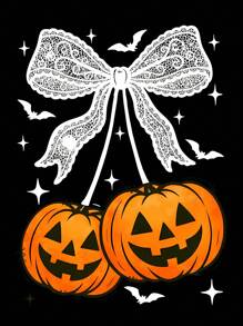 EMERY ROSE 大码夏季休闲万圣节南瓜印花圆领短袖T恤 - 黑色 - 查看 3