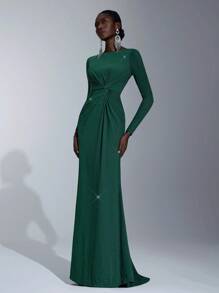 Elitara 纯色扭结长袖伴娘晚礼服，女士正式舞会礼服优雅舞会婚礼宾客礼服，适合毕业典礼、晚宴派对礼服