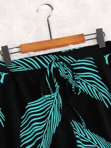 女式宽松直筒休闲裤，配色块花卉印花 - 綠色 - 查看 3