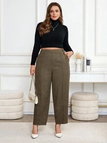 SHEIN Clasi Karomuster Lange Hose für Große Größen, Lässig/bürotauglich, gerades Bein - Kaffeebraun - Übersicht 5