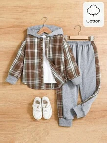 SHEIN Playful Pals 2 件套男童格子连帽夹克和运动裤套装，春秋季幼儿格子男童格子夹克 - 棕色 - 查看 3