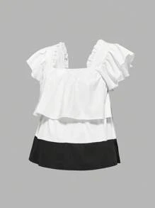 SHEIN 2 piezas Conjunto de Maternidad: Top casual con mangas con volantes y pantalones de unicolor con cordón - Negro - Ver 3
