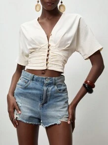 Lumivelle Women V-Neck Short Sleeve Ruffle Hem Fitted Crop Blouse