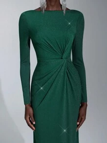 Elitara 纯色扭结长袖伴娘晚礼服，女士正式舞会礼服优雅舞会婚礼宾客礼服，适合毕业典礼、晚宴派对礼服