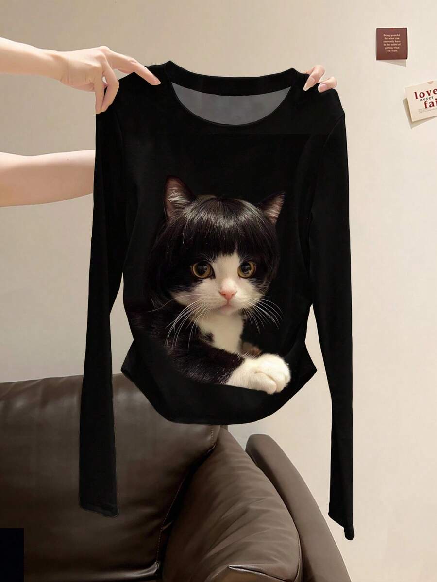 SHEIN Áo thun dài tay in hình mèo dễ thương và vui nhộn dành cho nữ - màu đen - Xem 1