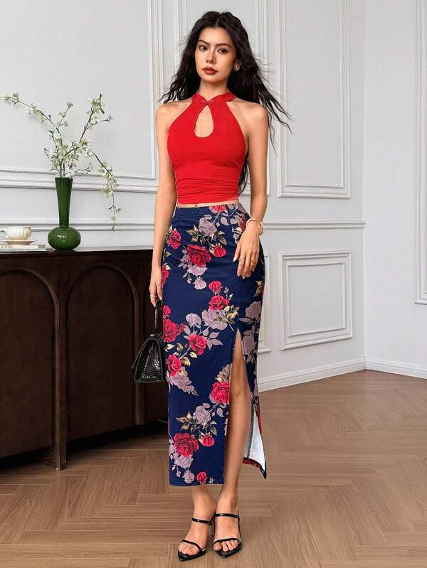 EastFlair Damen 2-teiliges Set mit ärmellosem, tailliertem Crop-Top und Minirock mit Schlitz am Saum, Cut Out
