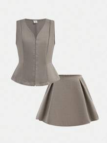 青少年女孩优雅纯色深灰色无袖西装外套和裙子两件套