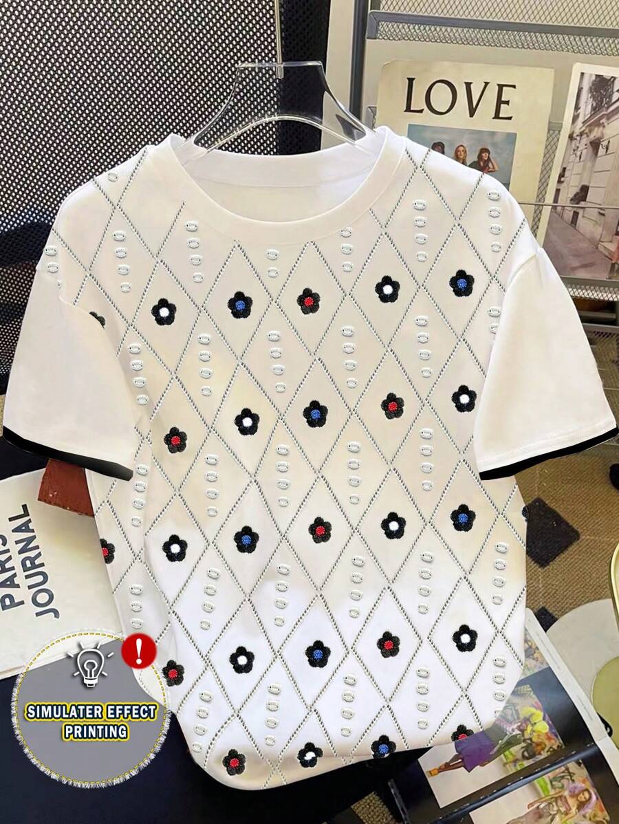 SHEIN تي شيرت برقبة دائرية بأكمام قصيرة منقوش بطباعة زهرية للنساء - متعدد الألوان - مشاهدة 1