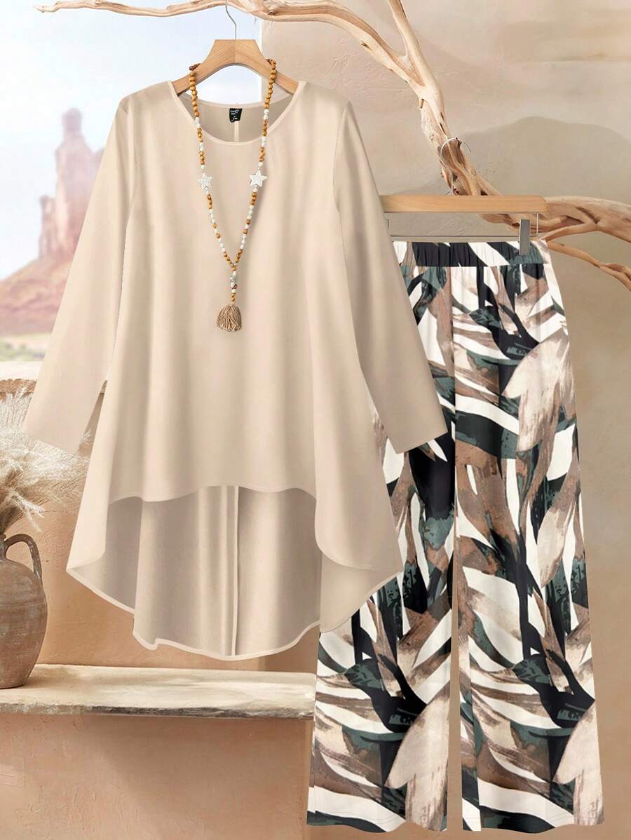Rusticease 2pcs Set Apricot Long Sleeve Top & Abstract Autumn Leaf Print Loose Pants, Women Casual Round Neck Long Sleeve Top And Trousers Suit, Suitable For Summer, Early Autumn, Party, Old Money Style Autumn And Winter - Multicolor - View 1