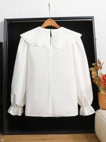 SHEIN 宽松休闲舒适荷叶边蝴蝶结衬衫，适合少女开学季穿着 - 白色 - 查看 2