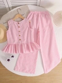 Tween 女童粉色条纹宽松休闲无袖圆领梭织衬衫搭配梭织宽松阔腿裤两件套 - 粉色 - 查看 1