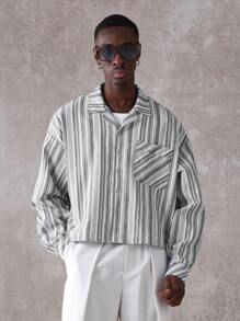 SUMWON Resort Shirt Striped Vacation Lounge Wear Button Down Camp Collar Cuban Style Weekend Casual Spring Summer Beach Retro - Black and White - View 3