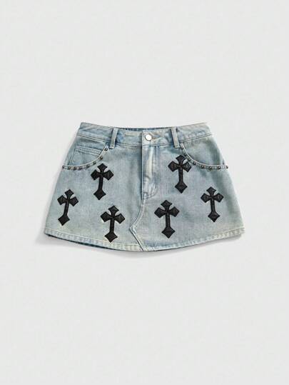 Grunge Punk Women's Applique Cross Denim Mini Skirt